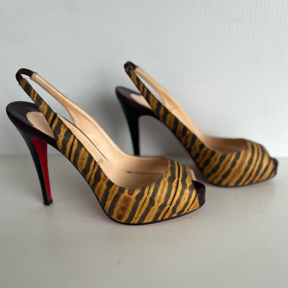 Christian Louboutin Slingback Peep-toe Heels - green gold brown